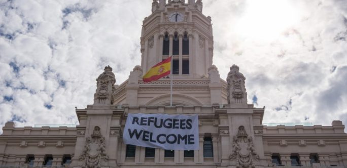 "Refugees Welcome" placard in Madrid, Spain